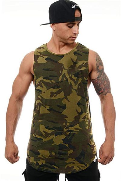 

mens camouflage printed sleeveless vest crew neck sport mens tank irregular hem colorful male clothing, White;black