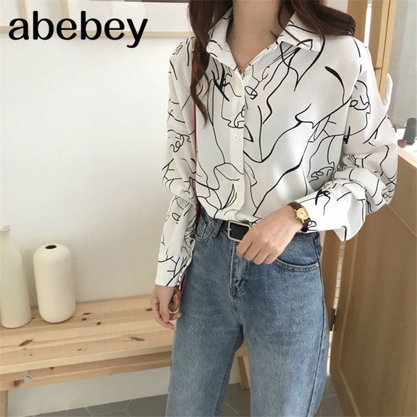 

abstract printing basic minimalist blouses 2020 all match leisure chic fashion florals korean loose long sleeve shirts, White