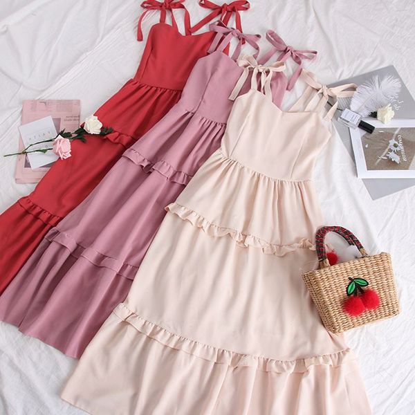 

singrain women cotton linen strap long dress summer tiered cami ruched sundress casual bohemian sleeveless solid ruffle dress, Black;gray