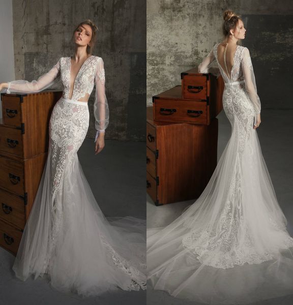 Abiti da sposa a sirena Lior Charchy Scollo a V profondo Manica lunga Appliques in pizzo Abiti da sposa country Sweep Train Illusion Beach Abito da sposa