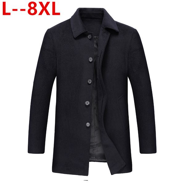 

plus 8xl 6xl 5xl men trench coat winter slim pea wool coat male leisure long sections coats soild color casual fashion overcoats, Black