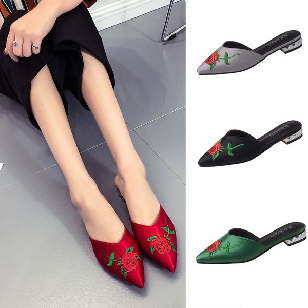 

summer women's slipper fashion women pointed satin fabric embroidery flower slippers leisure sandals outdoor pointed toe slipper, Black