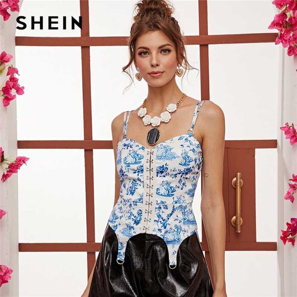 

shein blue hook and eye floral and figure print cami women spring summer ring detail spaghetti strap elegant vests, White