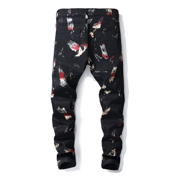 

men's jeans mens fashion 3d colored pattern printed black painted slim pants male hip hop, Blue