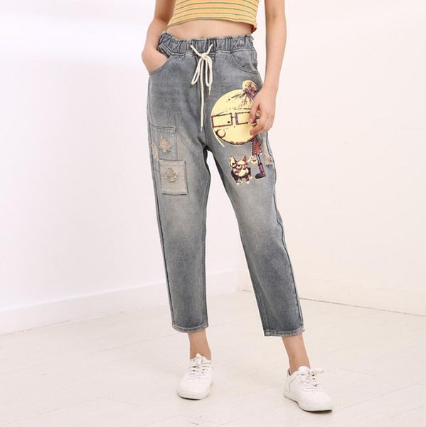

elastic waist print cartoon boyfriend jeans women spring autumn vintage capris denim harem pants jean femme plus size 6xl r2050, Blue