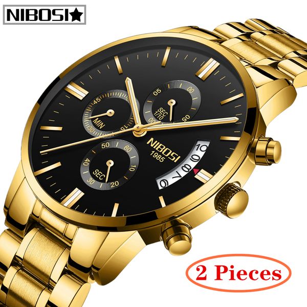 

2pcs nibosi gold quartz watch brand luxury men watches fashion men wristwatches stainless steel relogio masculino saatler t200620, Slivery;brown