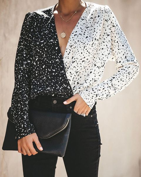 

женская deigner с длинным рукавом v шеи контрастность цвет женщины топы sexy повседневная одежда, White