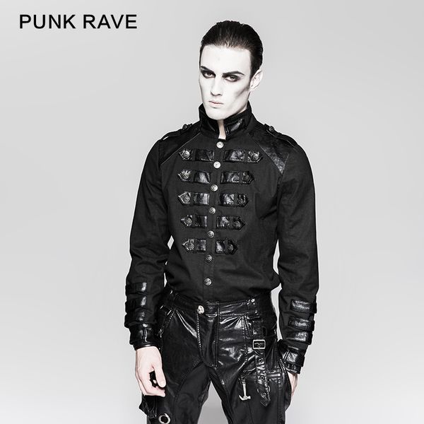 

punk rave men's heavy punk shirt black pu leather button uniform fashion stand-up collar long sleeve personality blouse, White;black