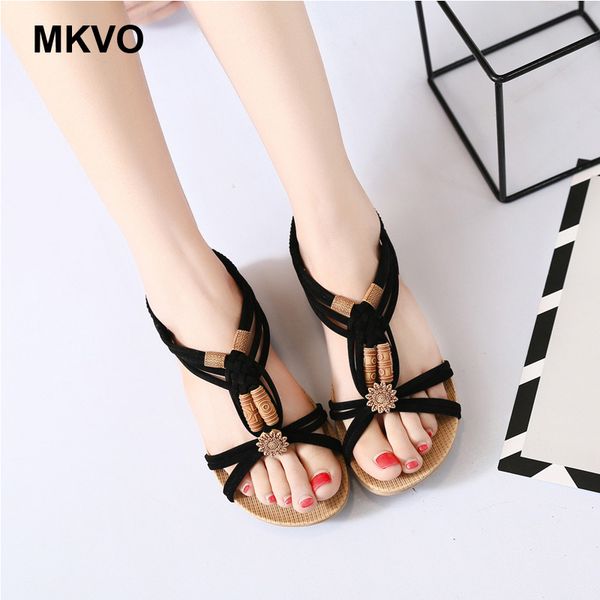 

new leisure sweet sandals fashion sandals beading shoes peep-toe low shoes roman ladies beach flat summer 2019, Black