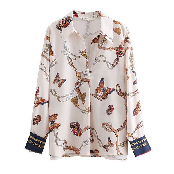 

2018 women vintage chain butterfly printing casual kimono blouses shirt women autumn chic blusas roupas femininas, White