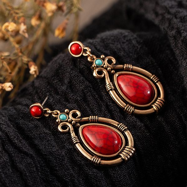 

vintage ethnic hanging dangle drop earrings with water drip nature stone for women female wedding jewelry ornaments accessories, Silver