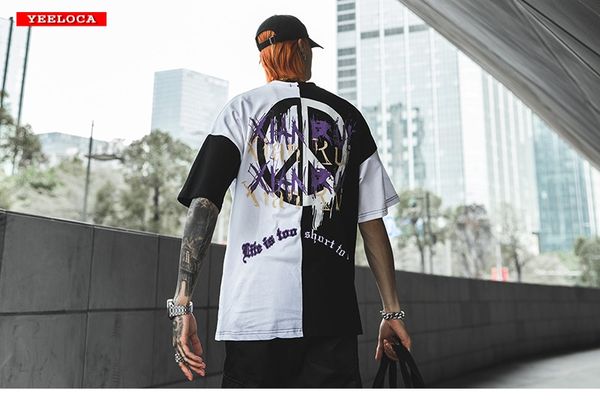 

2019 dropshipping stitching anti-war graffiti print short-sleeved shirt summer new brand design hip-hop street t-shirt, White;black