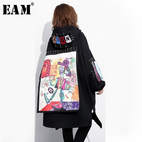 

eam] loose fit pattern printed big size thick jacket new hooded long sleeve women coat fashion tide autumn winter 2019 1h734, Black;brown