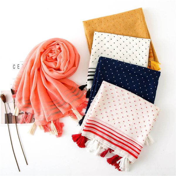 

han feng small fresh scarf woman cotton silk scarf thin section solid color small circle point tassels long fund sunscreen shawl, Blue;gray