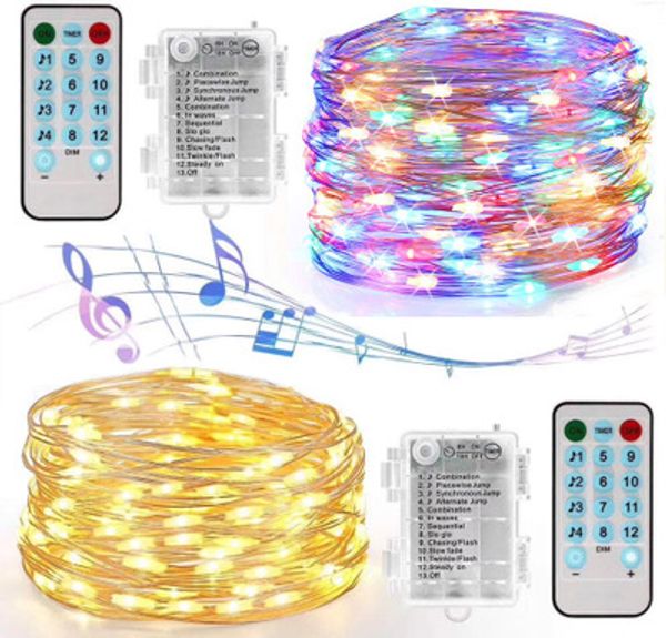 Music string luz de luz 50led 100led luzes fadas ativadas com temporizador remoto bateria usb impermeável