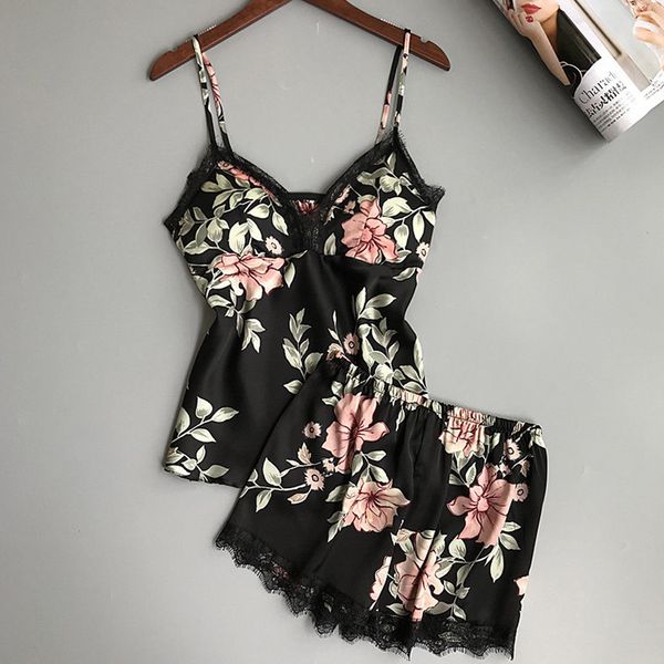 

women lace silk satin pajamas sets sleepwear v neck floral printed nightdress shorts female lingerie nightgown suit 2pcs, Blue;gray