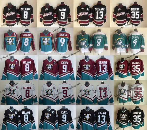 

vintage anaheim ducks hockey jerseys 8 teemu selanne 9 paul kariya 35 jean-sebastien giguere 13 selanne mighty ducks black stitched shirts, Black;red