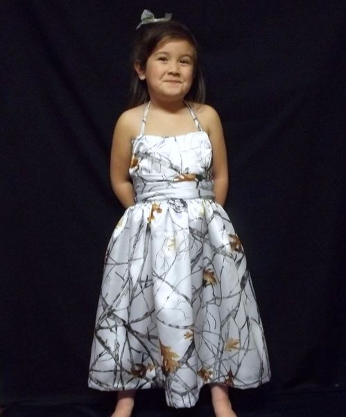 

halter ankle length camo flower girl dress, White;blue