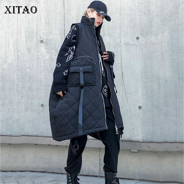 

xitao women winter sleeveless coats plus size vest long standing collar zipper women big pocket clothes 2019 xj2222, Black;white