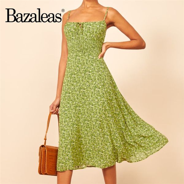 

bazaleas france spaghetti strap summer dress elegant women midi dresses chic green floral print vestido vintage women dress, Black;gray