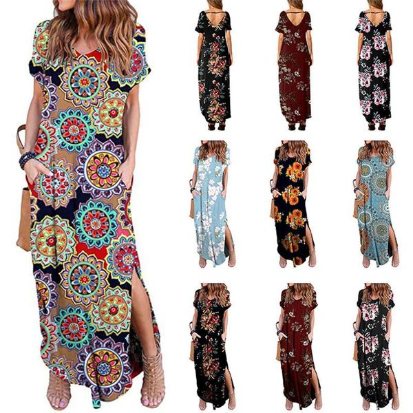 

women floral print dress short sleeve v-neck maxi dresses sundresses summer boho split one piece skirt summer beach long dress outfits, White