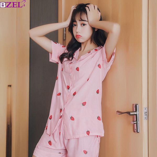 

ladies pajamas set sweet sleepwear women cute strawberry printed turn-down collar homewear comfort short sleeve thin casual wear, Black;red