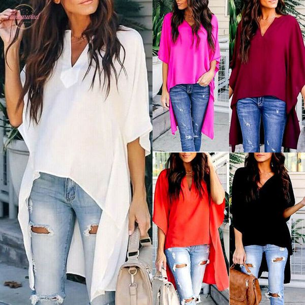 

2020 women summer applique elegant irregular v neck chiffon blouses soft tunic casual solid breathable half batwing sleeve shirts, White