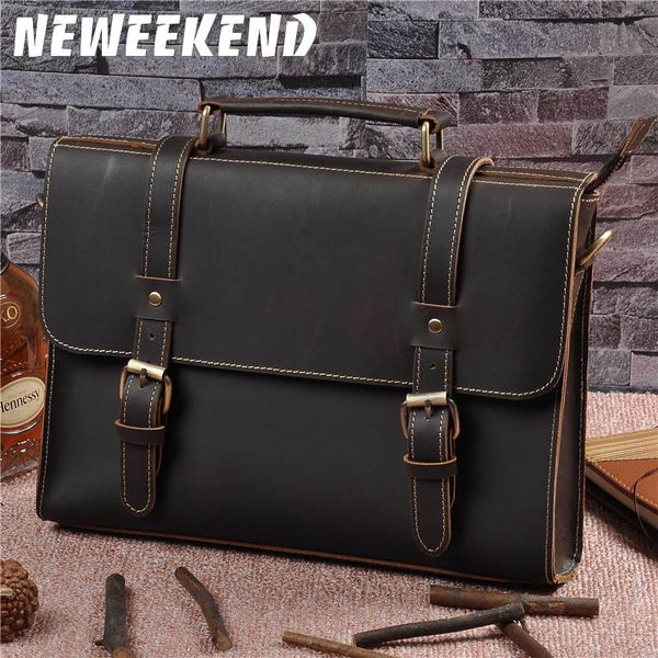 

grade male men's vintage real crazy horse leather briefcase messenger shoulder portfolio lapbag case office handbag 1095