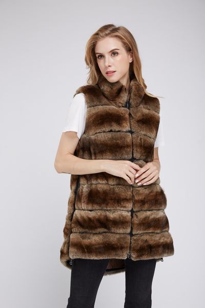 

lady women real rex rabbit fur brown chinchilla color long vest gilet outwear fluffy furry winter warm, Black;white