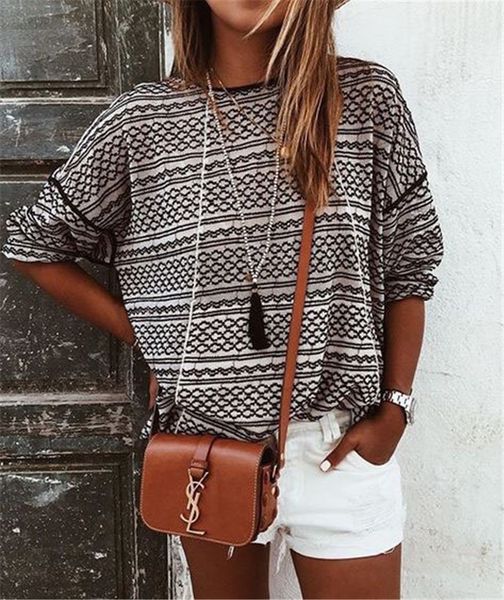 

stripe print womens designer tshirts fashion pullover crew neck long sleeve womens tees casual females clothing, White