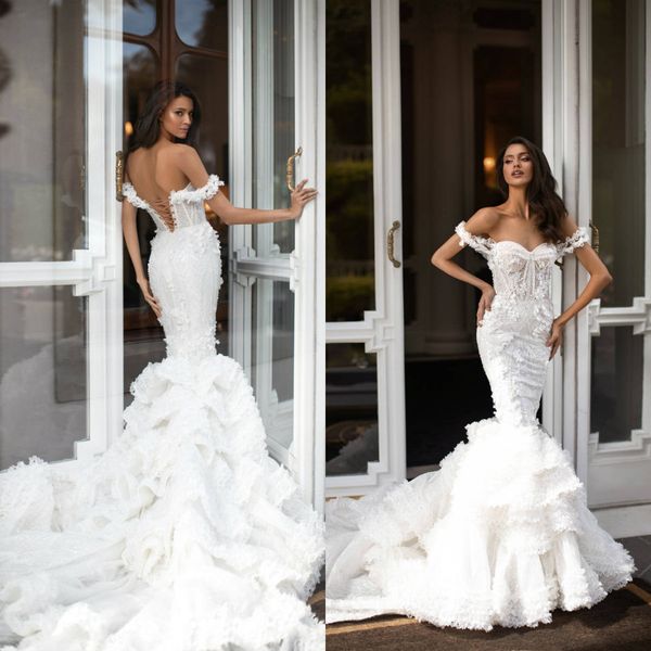 

2020 mermaid wedding dresses sweep train lace floral appliqued beads boho wedding dress custom made country bridal gowns robes de mariÃ©e, White