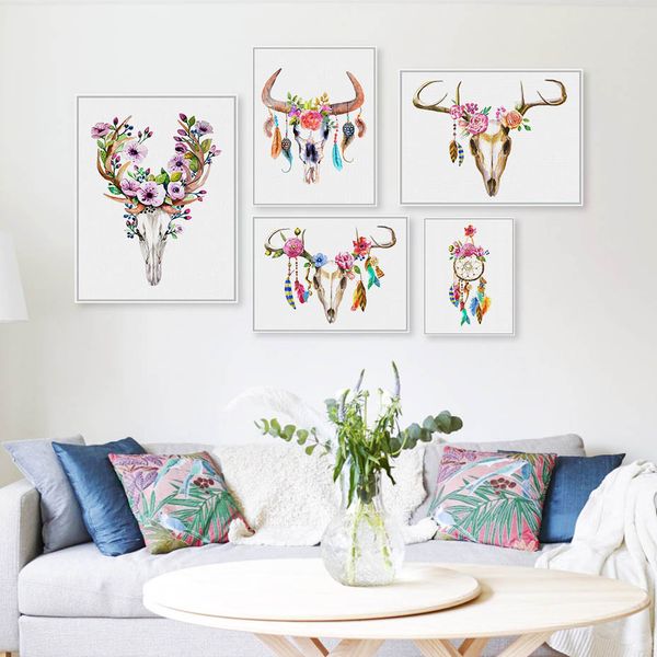 Acheter Anvas Peinture Moderne Aquarelle Deer Head Crâne Dimpression A4 Dream Catcher Plume Wall Art Image Nordique Hippie Home Déco Toile Pa De