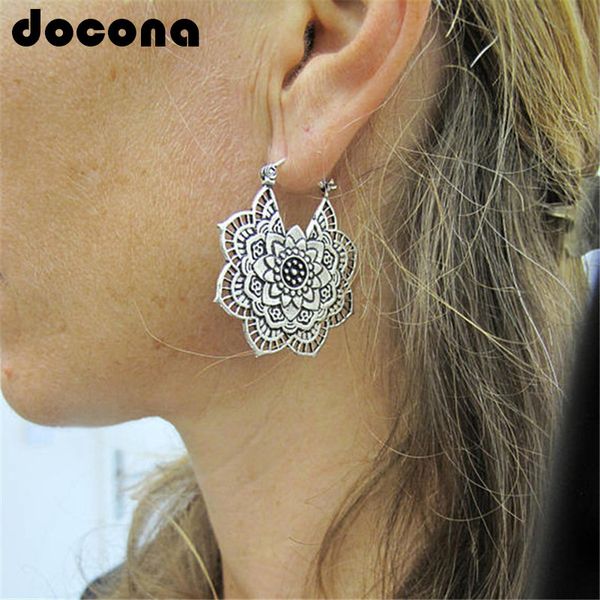 

docona vintage mandala flower drop dangle earring for women girl tribal hollow floral pendant earrings pendientes 5123, Silver