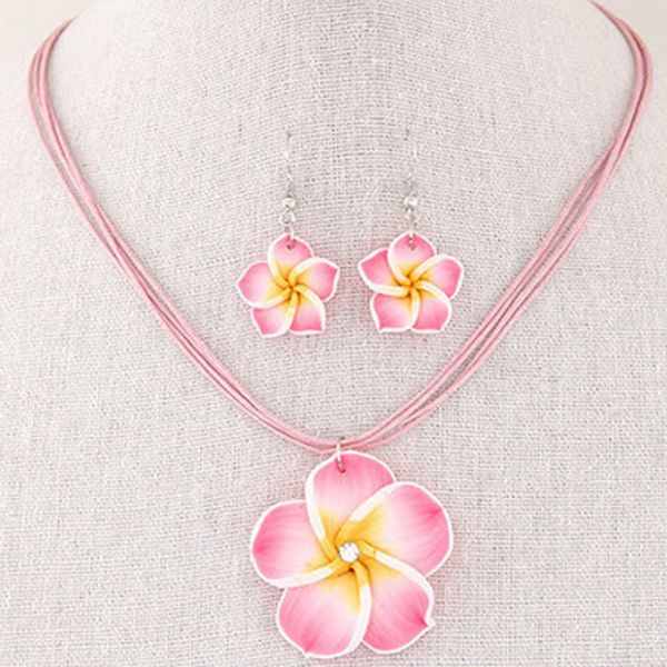 

fashion hawaii plumeria flowers jewelry sets bohemia polymer clay earrings pendant necklace jewelry sets for women, Silver