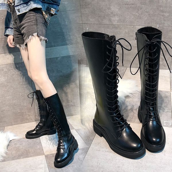 

lace up boots round toe thigh high heels high women's rubber shoes rain booties ladies winter footwear boots-women, Black