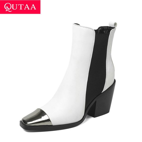 

qutaa 2020 metal decoration square toe autumn winter fashion ankle boots pu leather square heel slip on women shoes size 34-43, Black