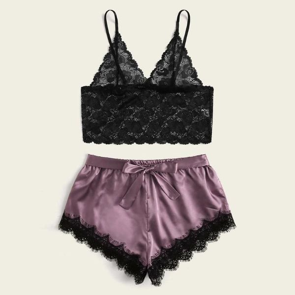 

summer women's sleepwear sleeveless v-neck lace cami bowknot silk satin shorts sleepwear pajamas sets pijama mujer#p3, Black;red