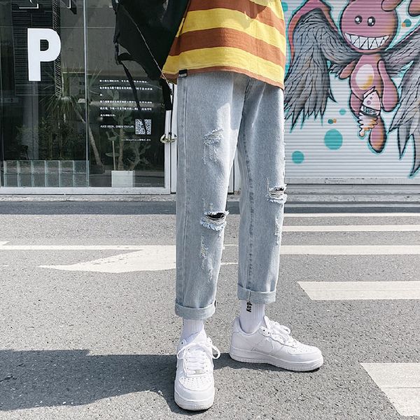 

men's jeans 2021 spring and summer youth solid color hole literary fashion casual large size straight nine-point pants, Blue