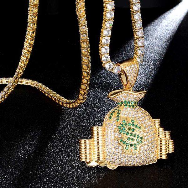 

hip hop bling cz money bag cash coins iced out cubic zircon necklaces & pendants for men jewelry charm tennis chain, Silver