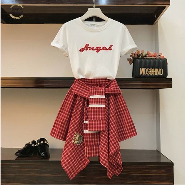 

new 2019 spring summer women's simple letter t shirt + high-waisted irregular plaid skirt two piece student female skirt suits, White