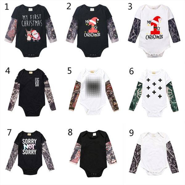 

fashion infant baby boys girls ins tattoo sleeve romper children new christmas long sleeve tattoo print romper kids clothes b1, Blue