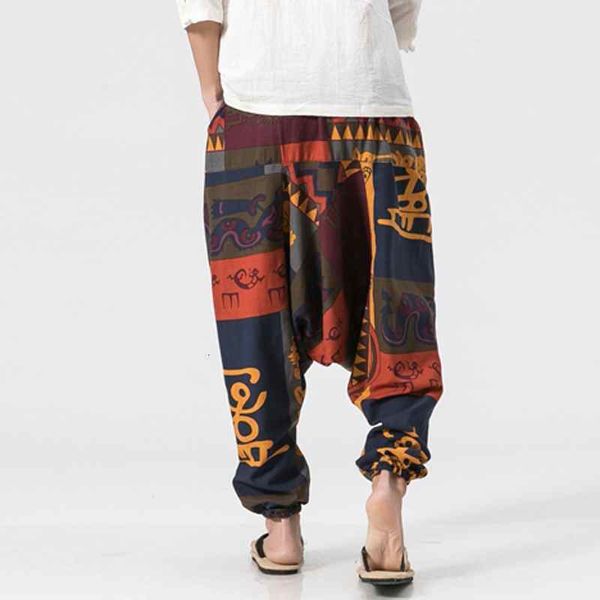

linen 2020 new fashion mens hip hop harem pants chinese style lighweight elastic waist male printed crotch pants plus size xxxl, Black