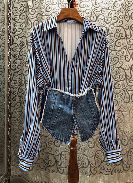 

2019 new winter women's two-piece striped shirt street denim girdle 1217, White