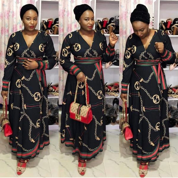 

New women fa hion print v neck ilk dre ca ual high wai t cocktail party maxi dre e ve tido