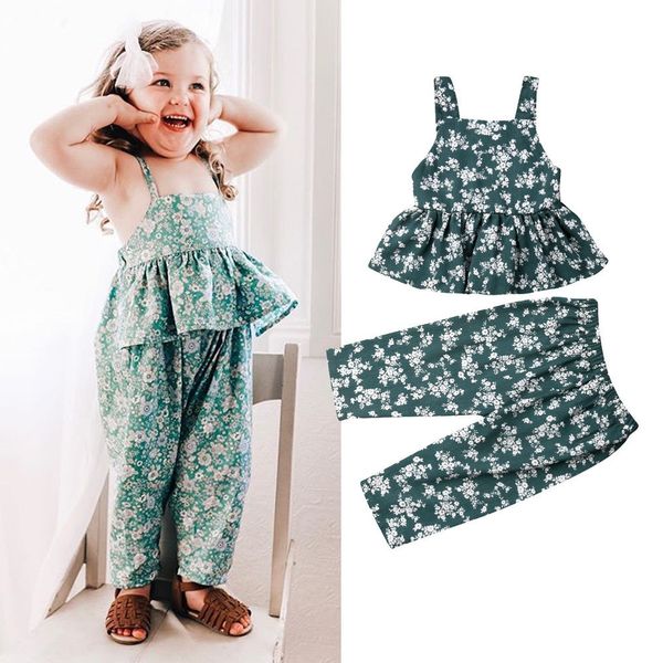 

1-7y summer pretty toddler baby girls boho clothes 2pcs floral print sleeveless vest +long pants, White