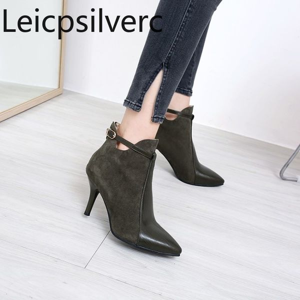 

women's boots winter fashion belt buckle pointed color matching zipper high heel short tube women's shoe plus size 32-46, Black