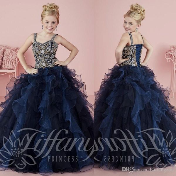 

navy blue tiered skirts beaded girls pageant dresses square neckline crystal ball gown flower girl dress for weddings, White;blue