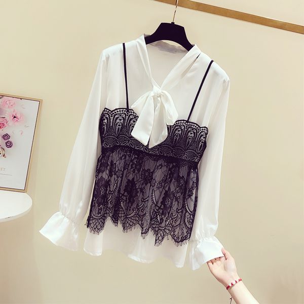 

lace camis + bow lace-up shirt women's 2020 spring clothing new fashion and blouses blusas mujer de moda 2020 lady, White