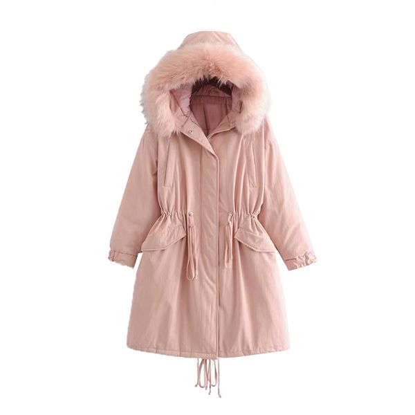 

women's pink long cotton temperament versatile thin warm coat, Black