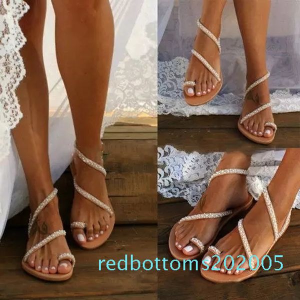 

shoes fashion women's crystal pearl flat-soled casual sandals new summer lady sandals bohemia comfortable ladies shoes r05, Black